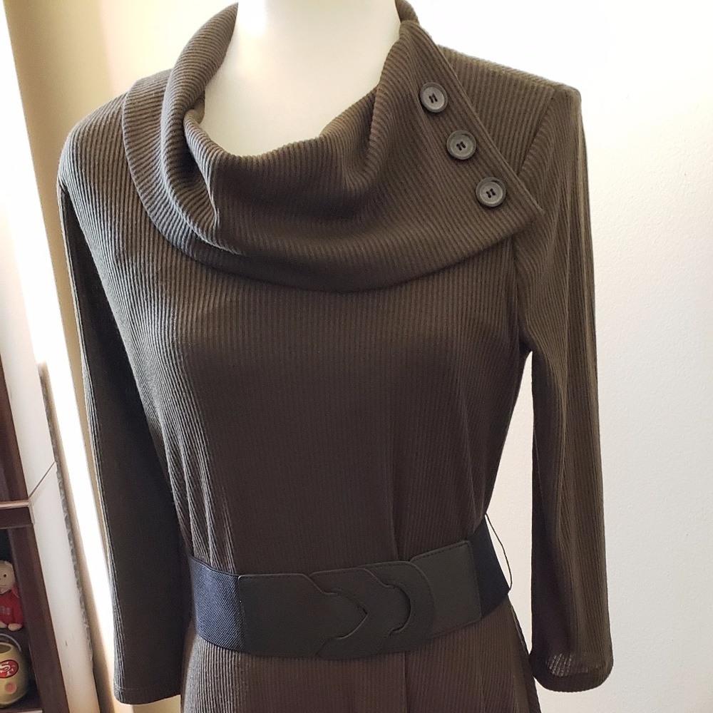 dressbarn Split Cowl Neck Fit & Flare Dress Olive